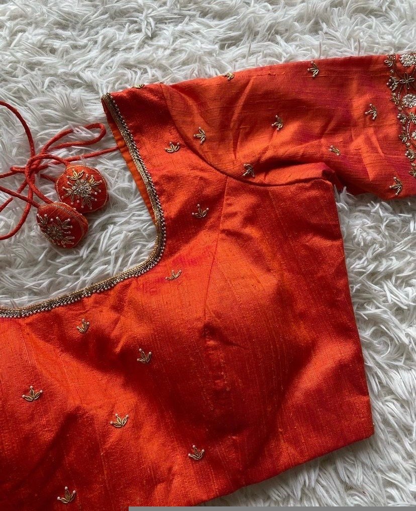pure silk hand embroidery blouse/ saree maggam blouse/ zardosi blouse usa/hand embroidered moderblouse/orange ready made blouse zardosi usa