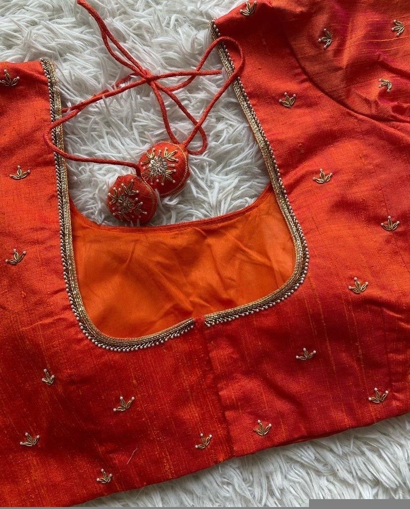 pure silk hand embroidery blouse/ saree maggam blouse/ zardosi blouse usa/hand embroidered moderblouse/orange ready made blouse zardosi usa