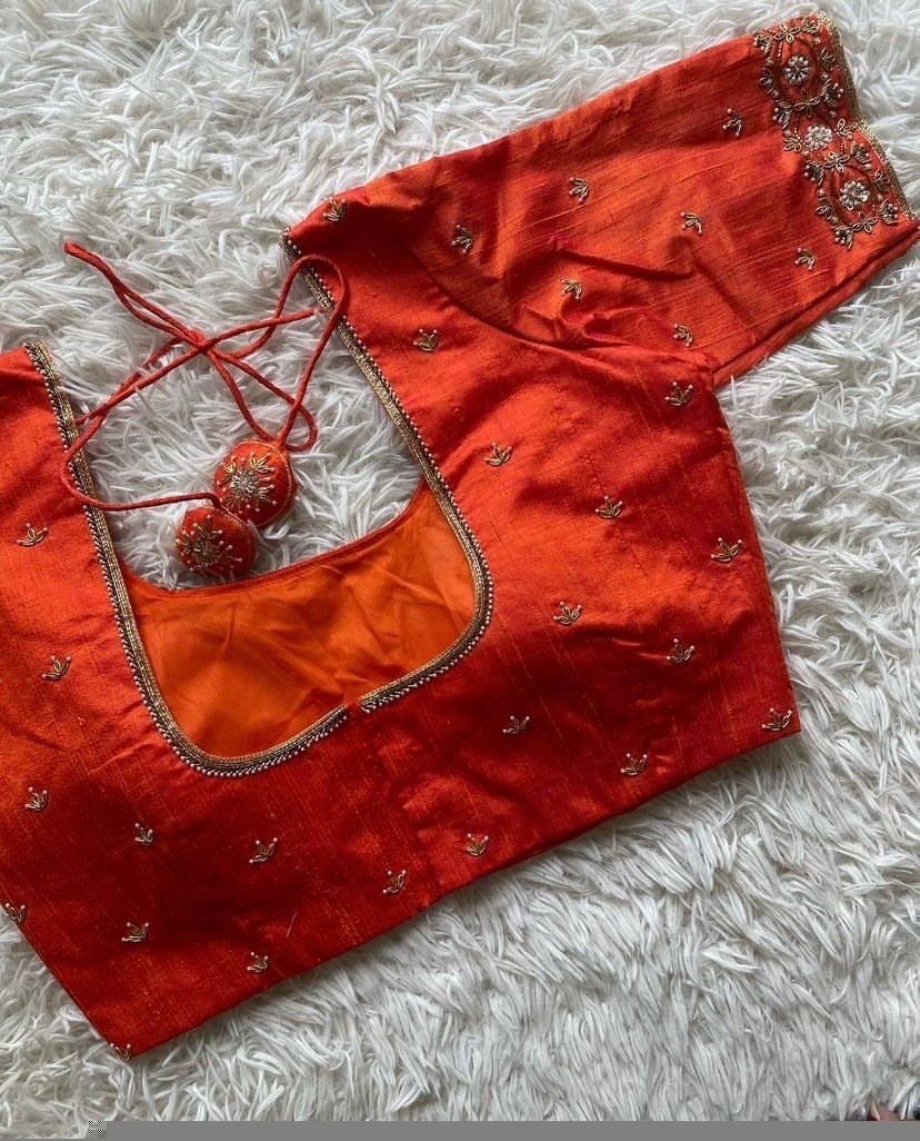 pure silk hand embroidery blouse/ saree maggam blouse/ zardosi blouse usa/hand embroidered moderblouse/orange ready made blouse zardosi usa