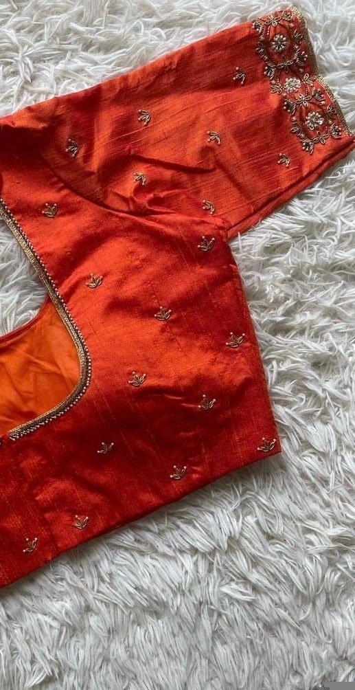 pure silk hand embroidery blouse/ saree maggam blouse/ zardosi blouse usa/hand embroidered moderblouse/orange ready made blouse zardosi usa