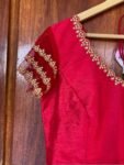 Red ruffle sleeve hand embroidery blouse/ saree maggam blouse/frill saree blouse/ v neck hand embroidered blouse/ready made blouse zardosi