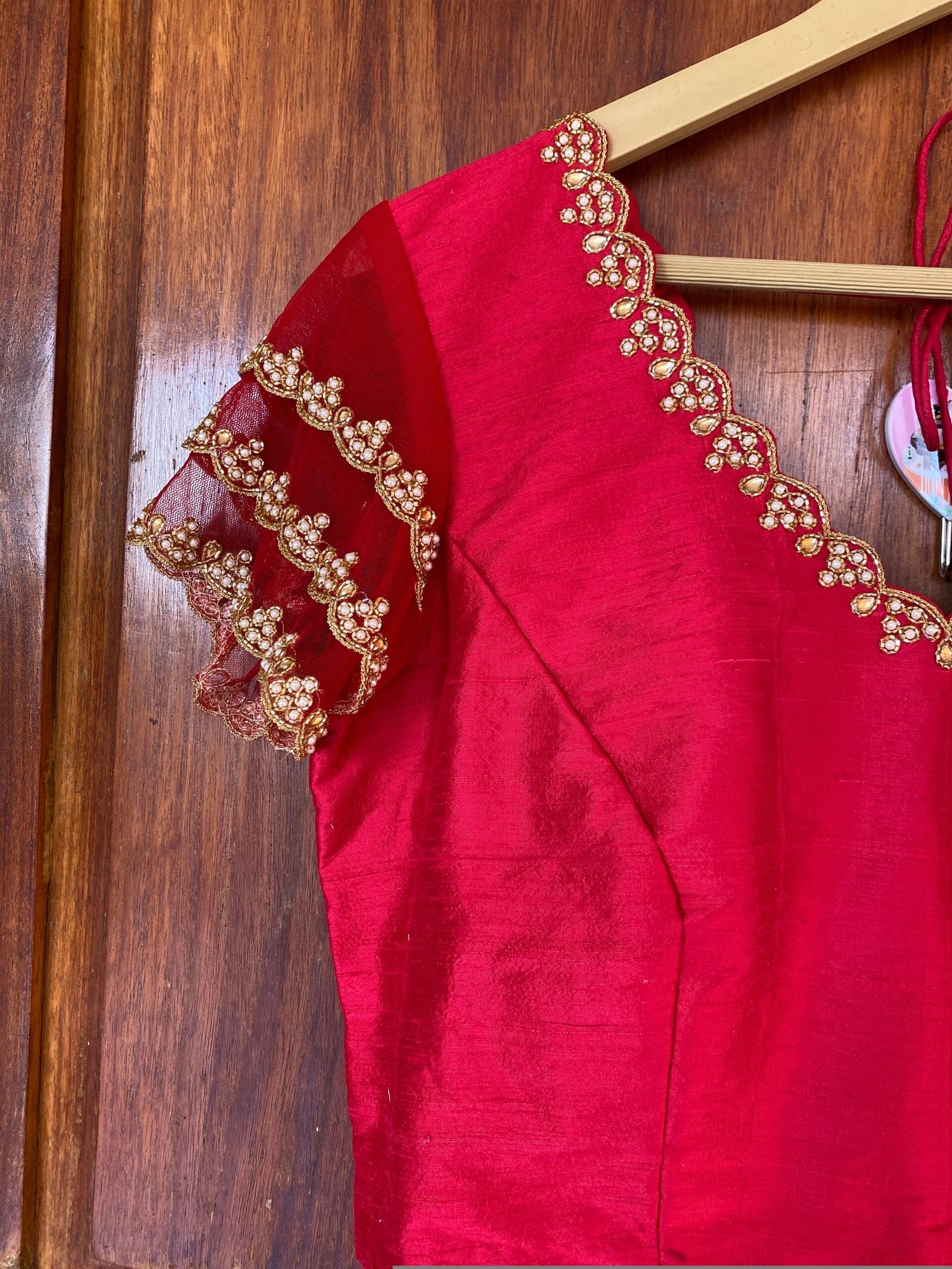 Red ruffle sleeve hand embroidery blouse/ saree maggam blouse/frill saree blouse/ v neck hand embroidered blouse/ready made blouse zardosi