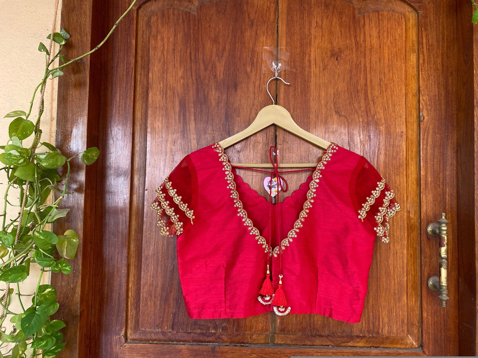 Red ruffle sleeve hand embroidery blouse/ saree maggam blouse/frill saree blouse/ v neck hand embroidered blouse/ready made blouse zardosi