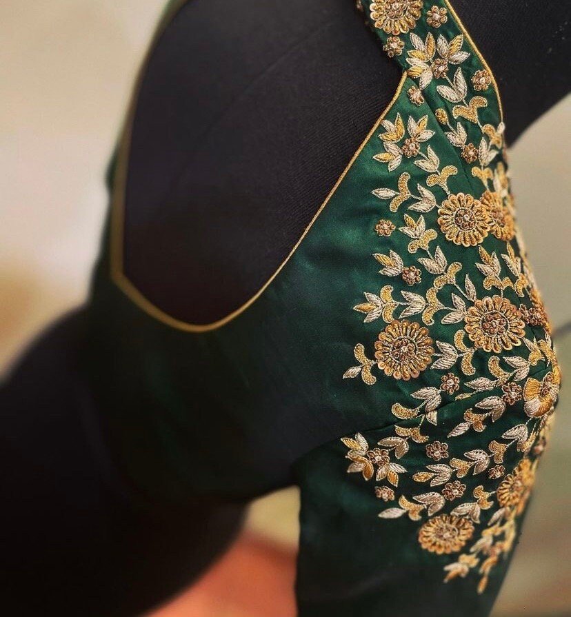 Green Silk Saree Blouse: Hand Embroidered Zardosi Maggam Blouse,plus size blouse,collar blouse,handwork blouse green,mix and match blouse