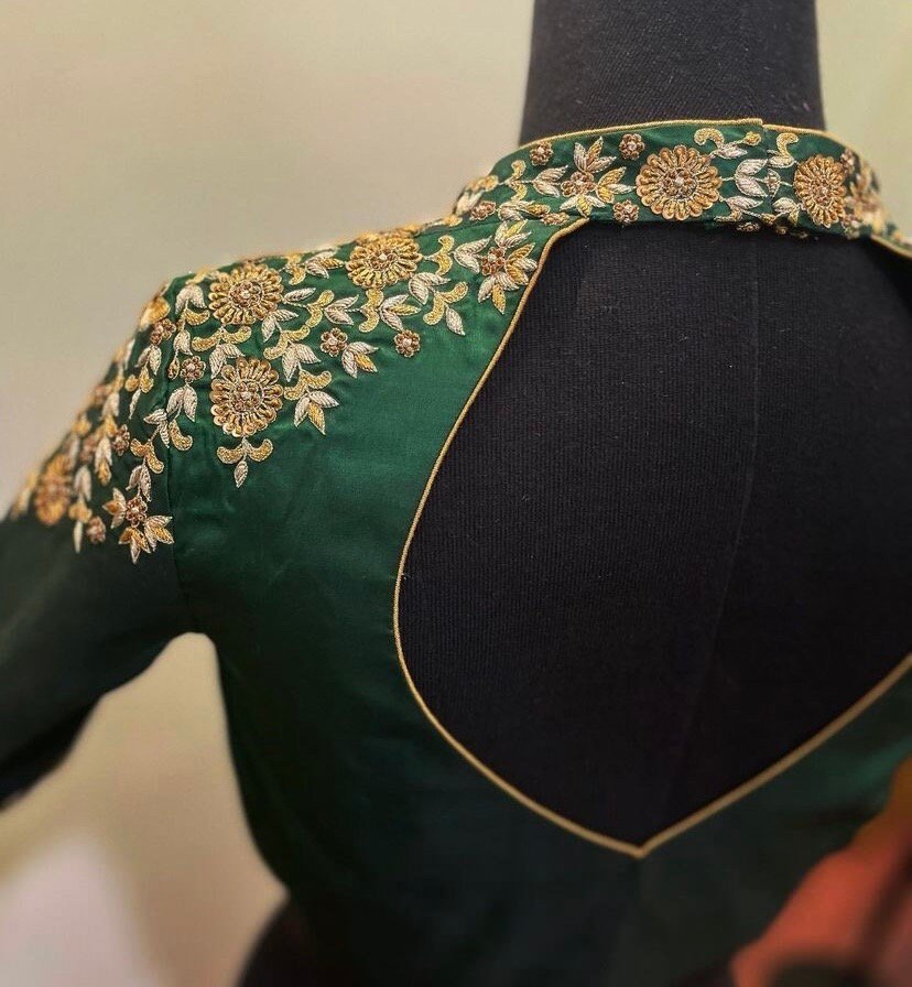 Green Silk Saree Blouse: Hand Embroidered Zardosi Maggam Blouse,plus size blouse,collar blouse,handwork blouse green,mix and match blouse