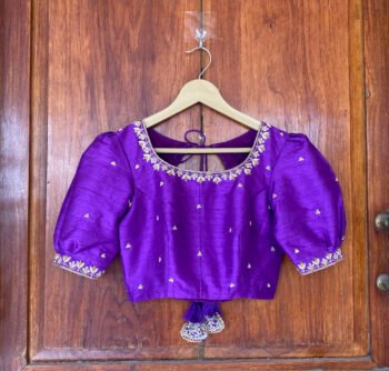 Purple hand embroidery blouse/purple maggam blouse/puff sleeve zardosi blouse/hand embroidered blouse/ready made blouse zardosi/blue blouse