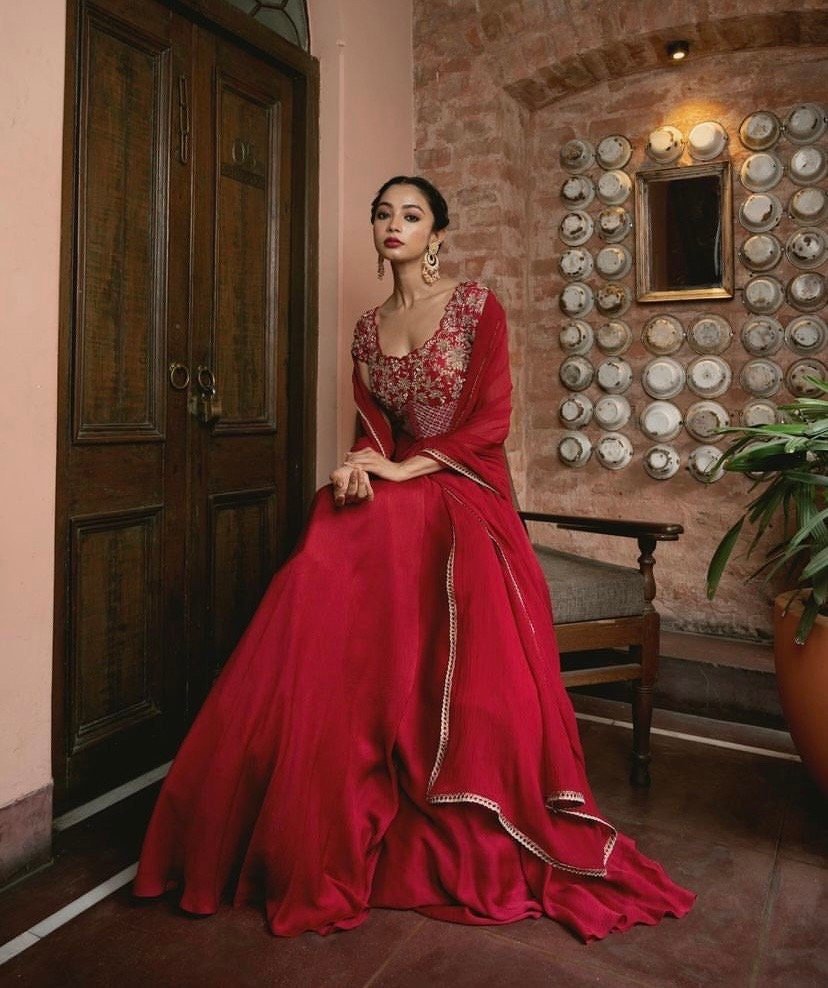 Hand embroidered red Anarkali/festive anarkali suit with dupatta/heavy designer anarkali gown USA /anarkali kurta/Zardosi hand work dress