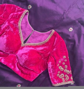 pure velvet hand embroidery blouse /modern saree maggam blouse/pink zardosi blouse / hand embroidered blouse/pink velvet ready made blouse