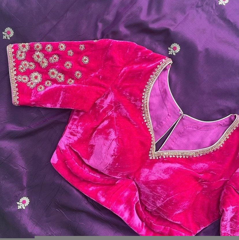 pure velvet hand embroidery blouse /modern saree maggam blouse/pink zardosi blouse / hand embroidered blouse/pink velvet ready made blouse