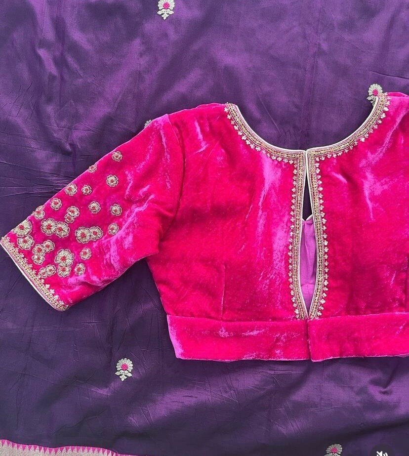 pure velvet hand embroidery blouse /modern saree maggam blouse/pink zardosi blouse / hand embroidered blouse/pink velvet ready made blouse