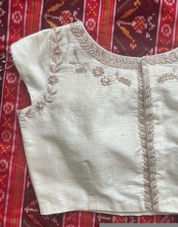 pure silk hand embroidery blouse / cream maggam blouse /pure raw silk zardosi blouse / hand embroidered blouse /designer ready made blouse