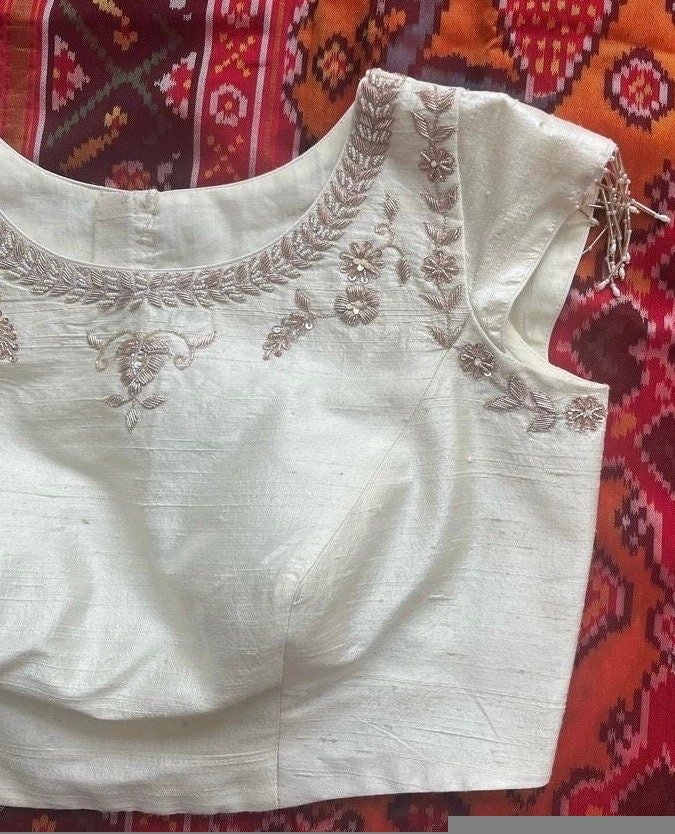 pure silk hand embroidery blouse / cream maggam blouse /pure raw silk zardosi blouse / hand embroidered blouse /designer ready made blouse