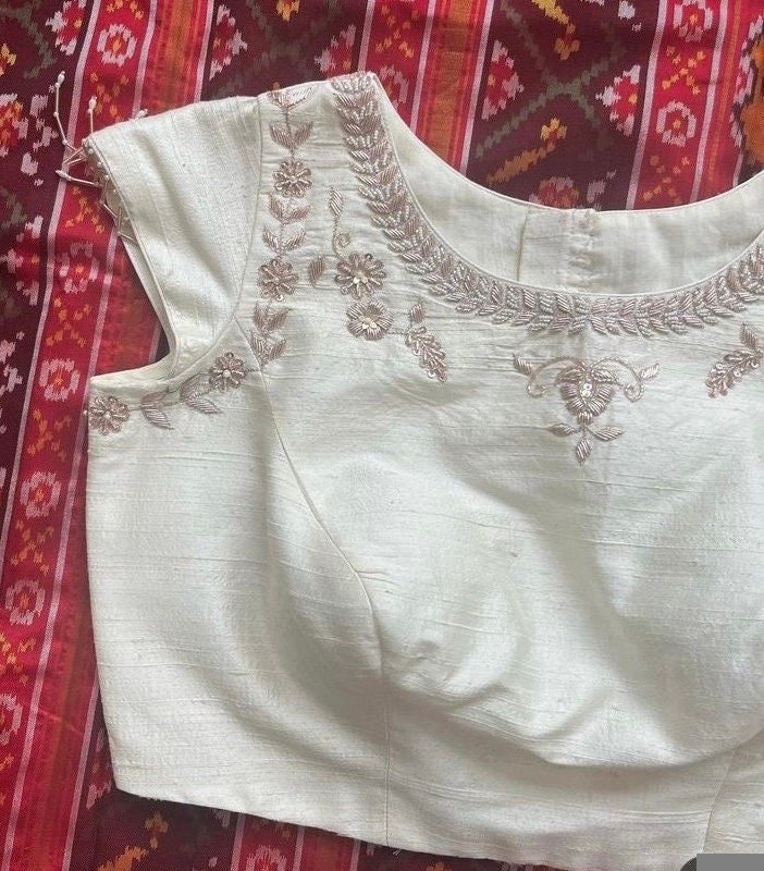 pure silk hand embroidery blouse / cream maggam blouse /pure raw silk zardosi blouse / hand embroidered blouse /designer ready made blouse