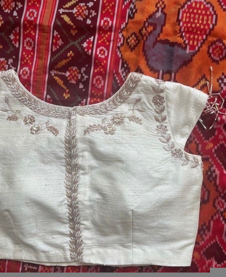 pure silk hand embroidery blouse / cream maggam blouse /pure raw silk zardosi blouse / hand embroidered blouse /designer ready made blouse