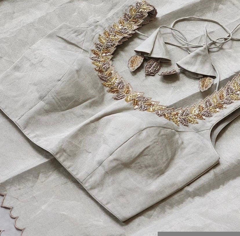 Hand Embroidered Silver Tissue Blouse: Sleeveless Zardosi Crop Top