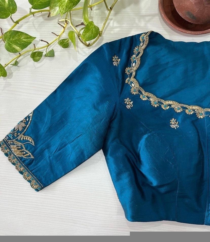pure silk hand embroidery blouse/blue maggam blouse /raw silk zardosi blouse/blue hand embroidered blouse/designer readymade handwork blouse