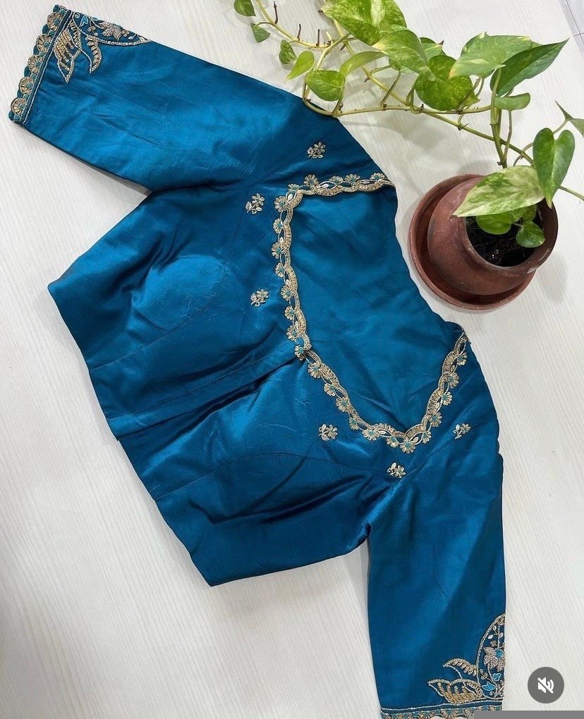 pure silk hand embroidery blouse/blue maggam blouse /raw silk zardosi blouse/blue hand embroidered blouse/designer readymade handwork blouse