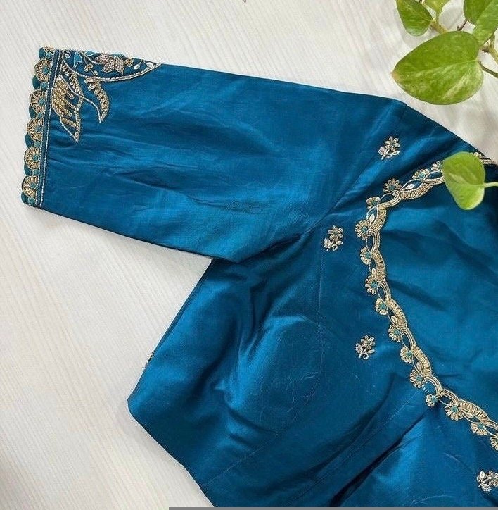 pure silk hand embroidery blouse/blue maggam blouse /raw silk zardosi blouse/blue hand embroidered blouse/designer readymade handwork blouse