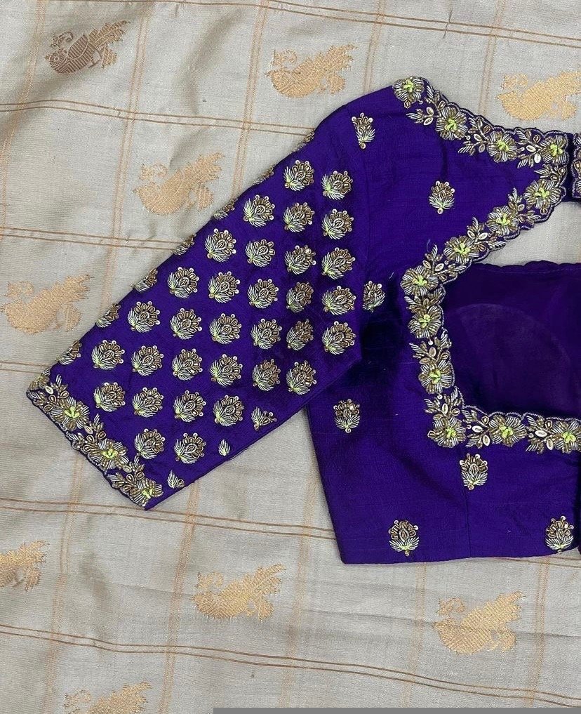 pure silk hand embroidery blouse/modern saree maggam blouse/purple zardosi blouse/wedding hand embroidered blouse/bridal ready made blouse
