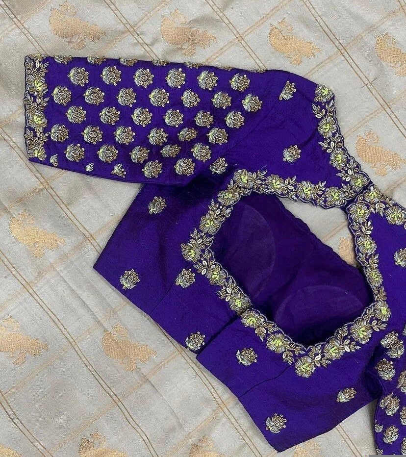 pure silk hand embroidery blouse/modern saree maggam blouse/purple zardosi blouse/wedding hand embroidered blouse/bridal ready made blouse