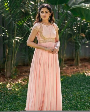 Hand embroidered Anarkali dress/peach anarkali suit set /pink hand work anarkali /Indian dresses/peach kurta/pink short sleeves Anarkali