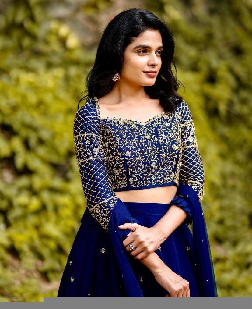 Blue Embroidered Lehenga Choli Set: Indian Wedding Outfit