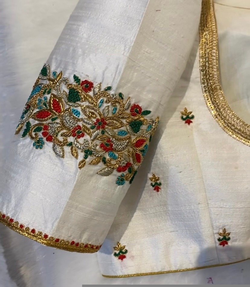 pure silk hand embroidery blouse/modern saree maggam blouse/cream zardosi blouse/multi hand embroidered blouse/off white ready made blouse