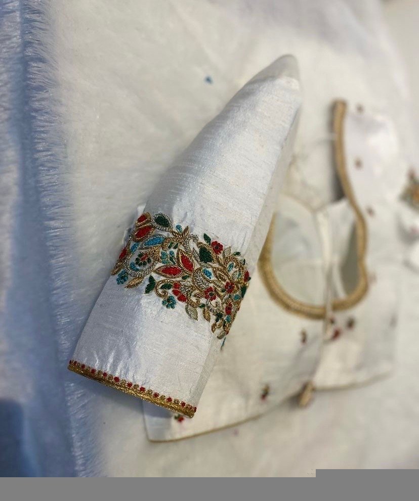 pure silk hand embroidery blouse/modern saree maggam blouse/cream zardosi blouse/multi hand embroidered blouse/off white ready made blouse