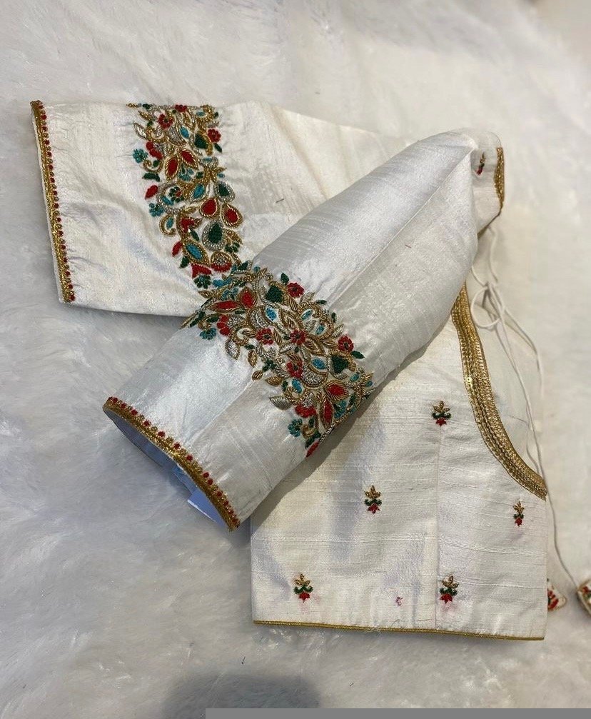 pure silk hand embroidery blouse/modern saree maggam blouse/cream zardosi blouse/multi hand embroidered blouse/off white ready made blouse
