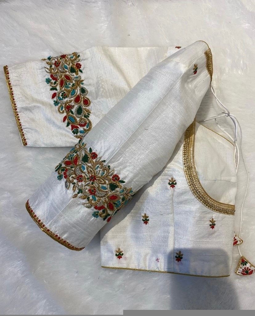 pure silk hand embroidery blouse/modern saree maggam blouse/cream zardosi blouse/multi hand embroidered blouse/off white ready made blouse
