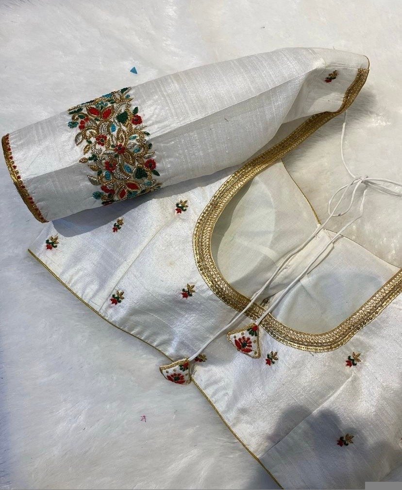 pure silk hand embroidery blouse/modern saree maggam blouse/cream zardosi blouse/multi hand embroidered blouse/off white ready made blouse