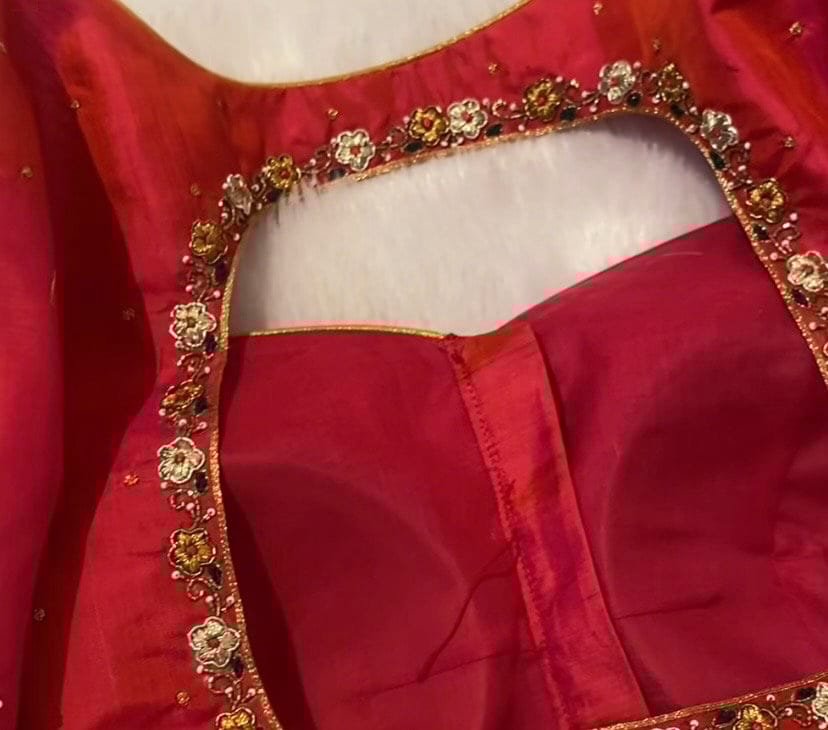 pure silk hand embroidery blouse/reddish pink maggam blouse /raw silk zardosi blouse/hand embroidered blouse /red ready made blouse zardosi