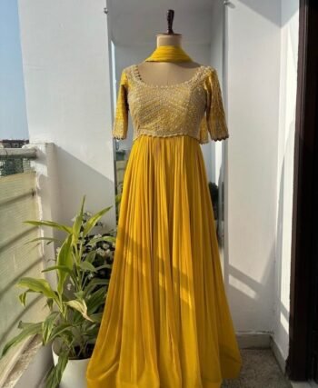 Yellow Anarkali Suit: Hand Embroidered Zardosi Indian Dress