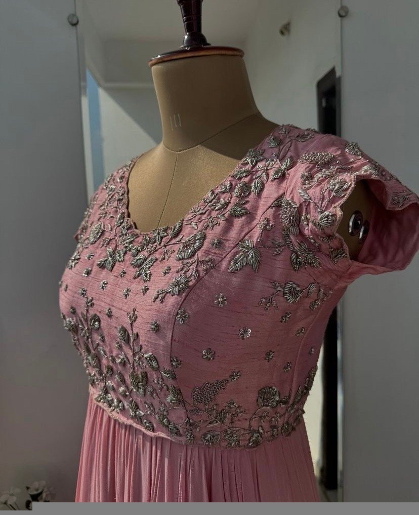 Light Pink Anarkali Suit: Hand Embroidered Zardosi Indian Dress
