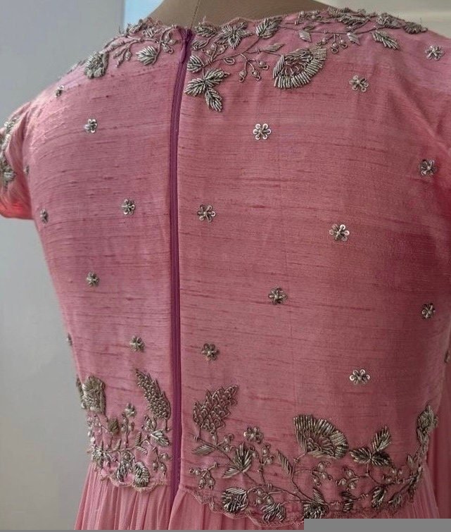 Light Pink Anarkali Suit: Hand Embroidered Zardosi Indian Dress