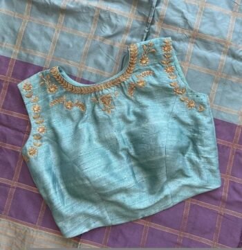 pure silk hand embroidery blouse /maggam blouse/blue raw silk zardosi blouse/hand embroidered blouse/ice blue sleeveless ready made blouse