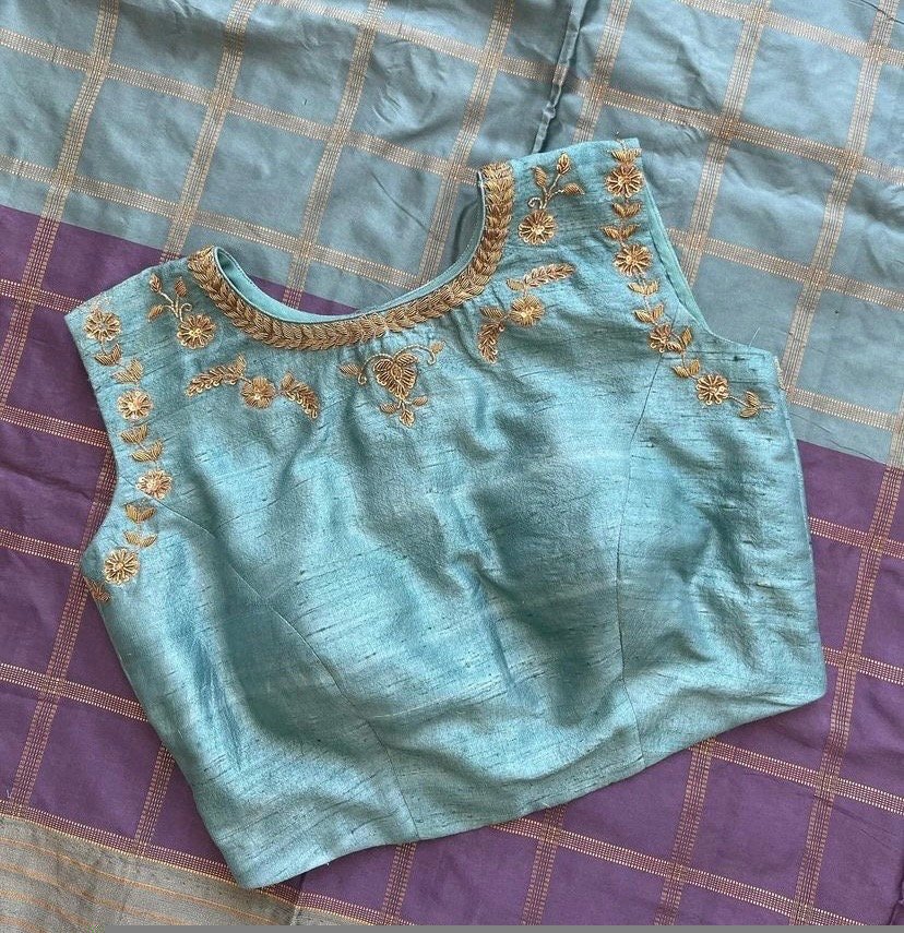pure silk hand embroidery blouse /maggam blouse/blue raw silk zardosi blouse/hand embroidered blouse/ice blue sleeveless ready made blouse