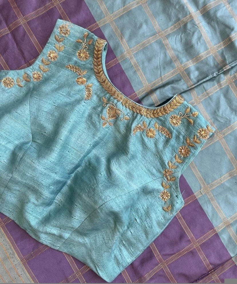pure silk hand embroidery blouse /maggam blouse/blue raw silk zardosi blouse/hand embroidered blouse/ice blue sleeveless ready made blouse