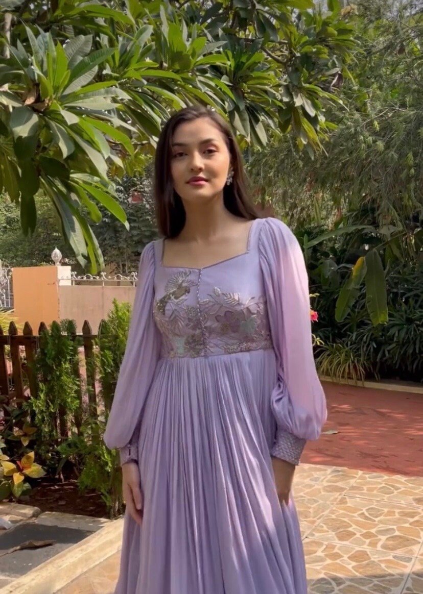 Hand embroidered Anarkali dress/mauve anarkali suit set/lavender hand work anarkali USA/Indian dresses/ballon sleeve embroidered Anarkali