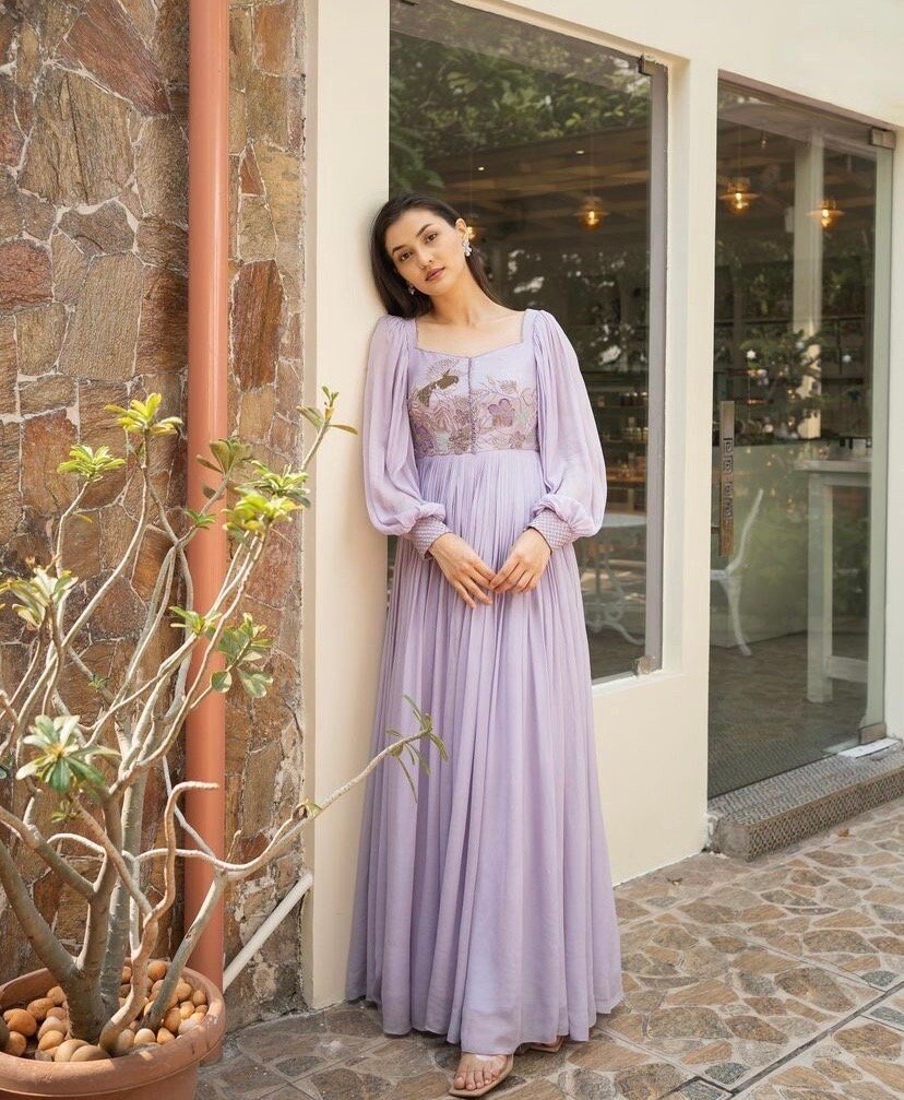Hand embroidered Anarkali dress/mauve anarkali suit set/lavender hand work anarkali USA/Indian dresses/ballon sleeve embroidered Anarkali