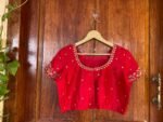 pure silk hand embroidery blouse/red maggam blouse/red raw silk zardosi blouse/hand embroidered blouse/red short sleeve ready made blouse