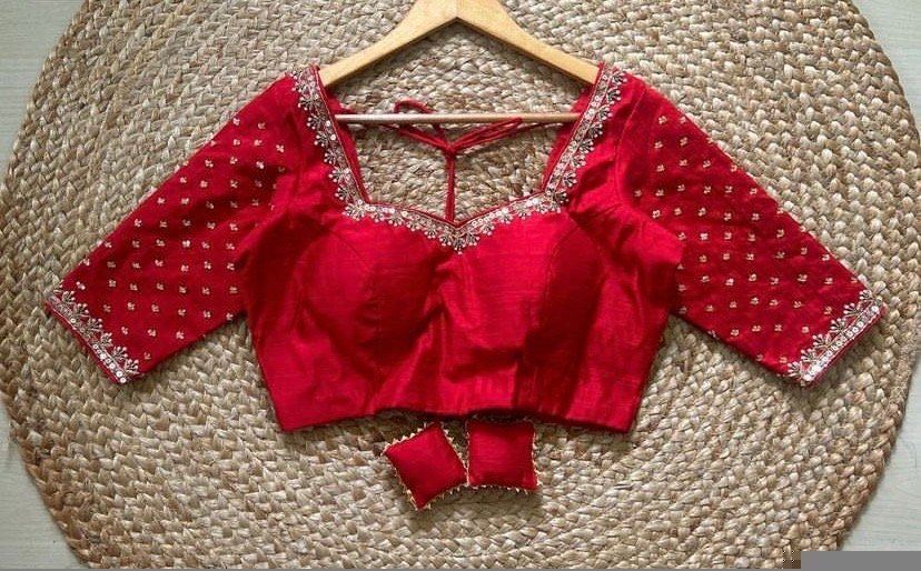 pure silk red hand embroidery blouse /saree maggam blouse / raw silk zardosi blouse /red hand embroidered blouse / ready made blouse zardosi