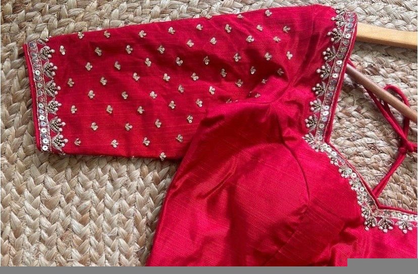 pure silk red hand embroidery blouse /saree maggam blouse / raw silk zardosi blouse /red hand embroidered blouse / ready made blouse zardosi