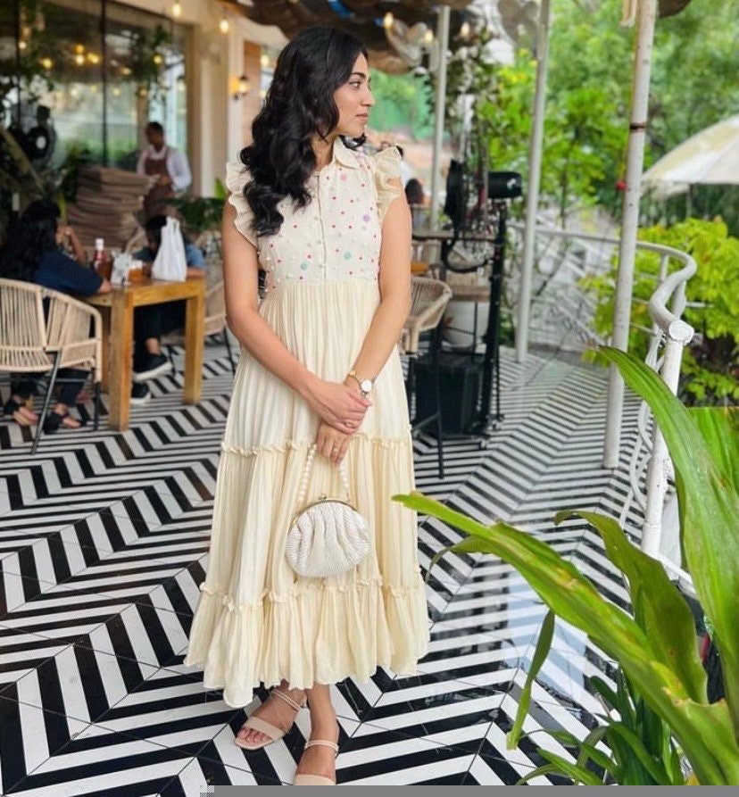 Hand embroidered Anarkali dress/white anarkali dress/cream hand work sunmer dress USA/Indowestern dresses/cream embroidered maxi vacay Dress
