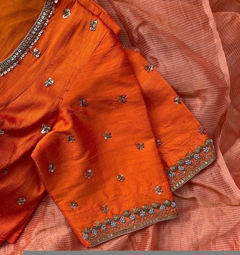 pure silk hand embroidery blouse/orange saree maggam blouse/raw silk zardosi blouse/hand embroidered blouse/ready made blouse/orange blouse