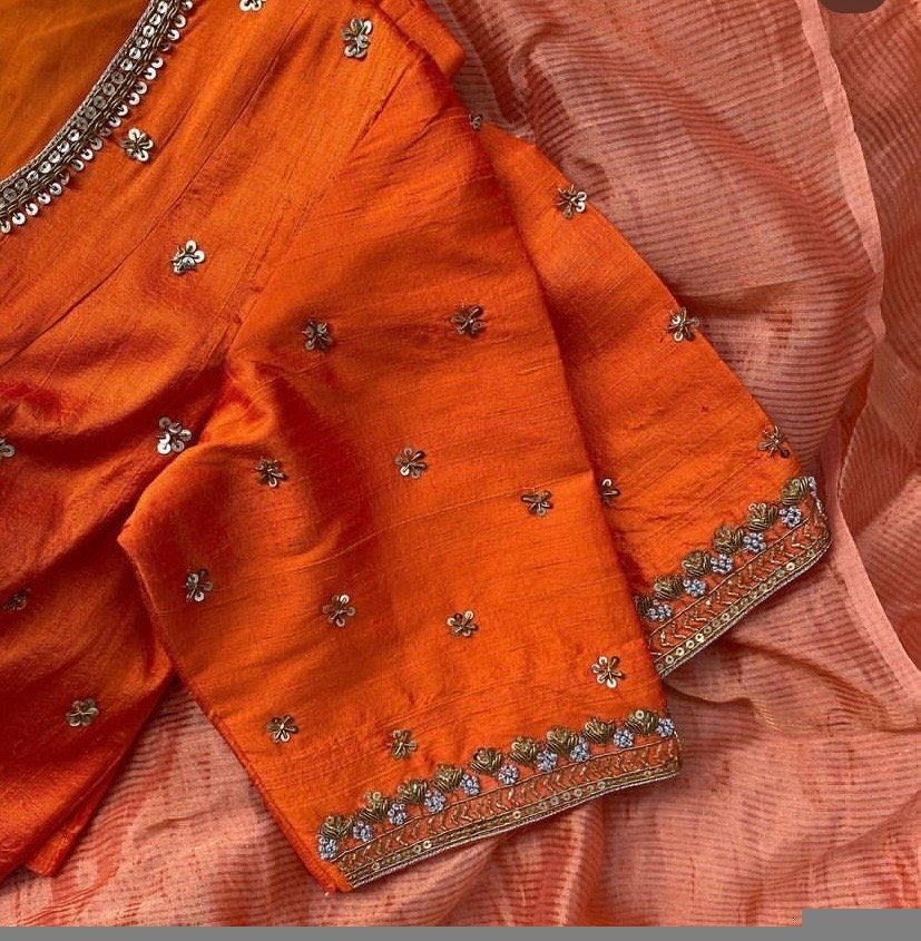 pure silk hand embroidery blouse/orange saree maggam blouse/raw silk zardosi blouse/hand embroidered blouse/ready made blouse/orange blouse