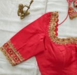 Hand Embroidered Zardosi Blouse: Red Raw Silk Saree Blouse