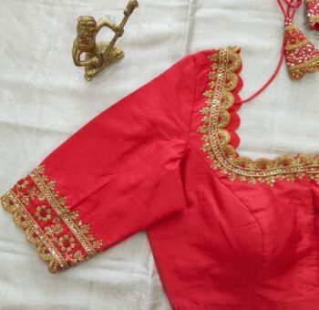 Hand Embroidered Zardosi Blouse: Red Raw Silk Saree Blouse