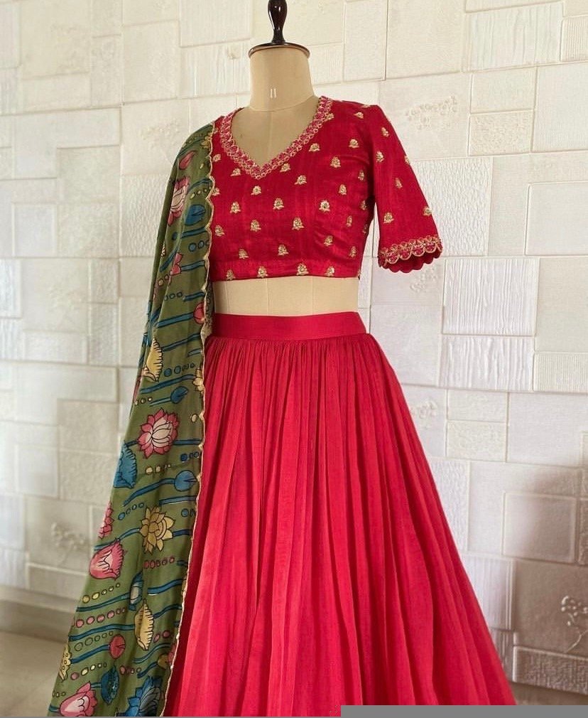 Red Kalamkari Lehenga Set: Hand-Painted Silk Crop Top, Wedding Choli