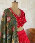 Red Kalamkari Lehenga Set: Hand-Painted Silk Crop Top, Wedding Choli